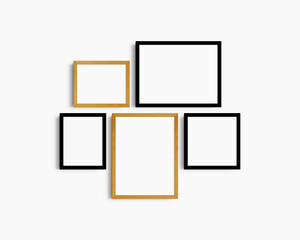 Gallery wall mockup set, 5 black and yellow oak wood frames. Modern frame mockup. Horizontal, vertical, square frames, 12x16 (3:4), 16x12 (4:3), 8x10 (4:5), 10x8 (5:4), 10x10 (1:1) inches. White wall.