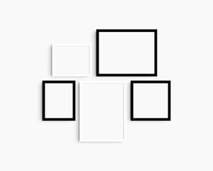 Gallery wall mockup set, 5 black and white frames. Modern frame mockup. Horizontal, vertical, square frames, 12x16 (3:4), 16x12 (4:3), 8x10 (4:5), 10x8 (5:4), 10x10 (1:1) inches. White wall.
