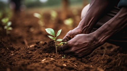 Cropped photo of African American farm worker planting coffee sprout, Rwanda region  - obrazy, fototapety, plakaty