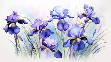 Purple And Blue Irises Elegance Realistic Watercolor with Ink and Pencil Accents.