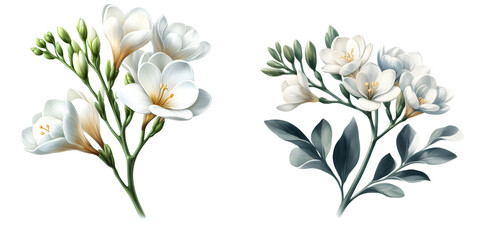 White Freesia flower in watercolor, transparent background   - obrazy, fototapety, plakaty