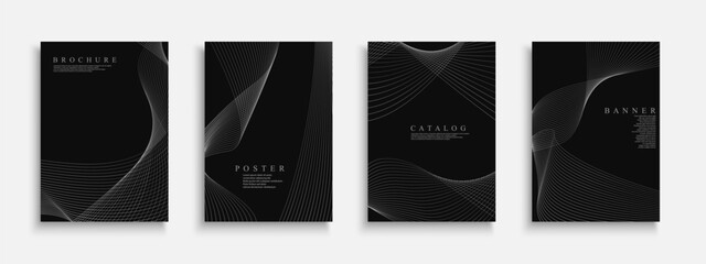 Set of black abstract striped covers, templates, backgrounds, placards, brochures, banners, flyers and etc. Elegant minimalistic dark posters - digital futuristic design. Curve black lines print