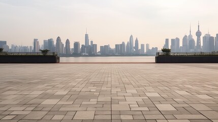Empty square floor and bridge with modern city skyline in Shanghai, China. 