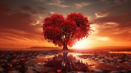 Heart Tree - Love For Nature - Red Landscape At Sunset 