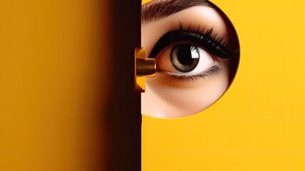 Hidden secrets. Female eye attentively looking into keyhole against yellow background. Contemporary art collage. Conceptual design. Concept of creativity, abstract art, imagination and inspiration. 
