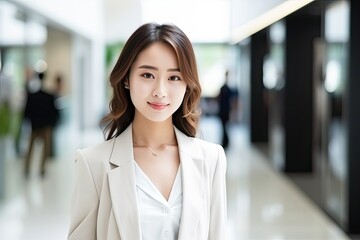 Fototapeta premium Beautiful Asian business woman smile in modern office. Smart and confident . Generative AI