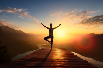 Inspiring Sunrise Yoga A tranquil and inspirational photograph of a yogi practicing yoga poses during a stunning sunrise, conveying a sense of balance and inner peace, suitable for yoga studios.