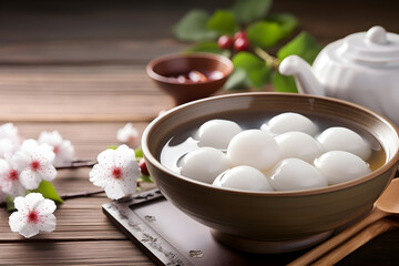 Tangyuan, A traditional Chinese dessert, Glutinous rice balls served in a hot broth or syrup in a bowl Sweet food of Lantern festival, Dongzhi (winter solstice) festival and Chinese new year
 - obrazy, fototapety, plakaty