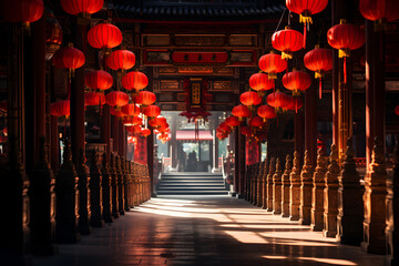 Long corridor with red lanterns in Chinese temple, Dongzhi celebrates the winter solstice festival in china, Chinese new year and ancestor worship - obrazy, fototapety, plakaty