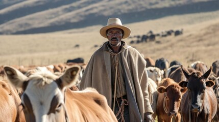 Man herding cattle in Lesotho  - obrazy, fototapety, plakaty