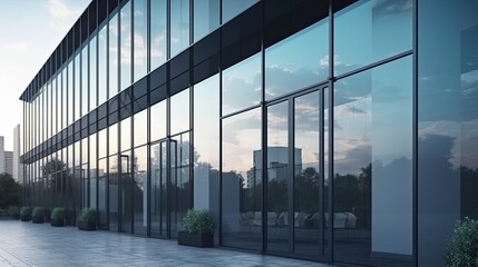Modern glass wall commercial buildings exterior. Realistic 3d rendering 