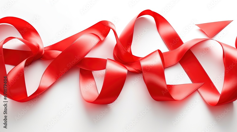 Poster a red ribbon that is on top of a white surface. generative ai