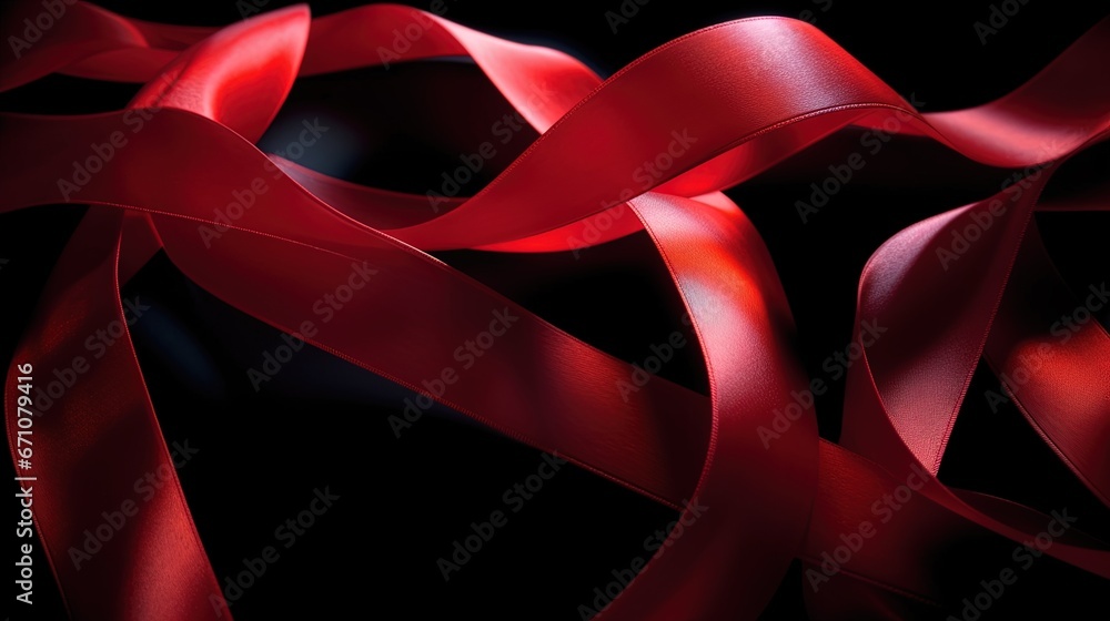 Poster a close up of a red ribbon on a black background. generative ai