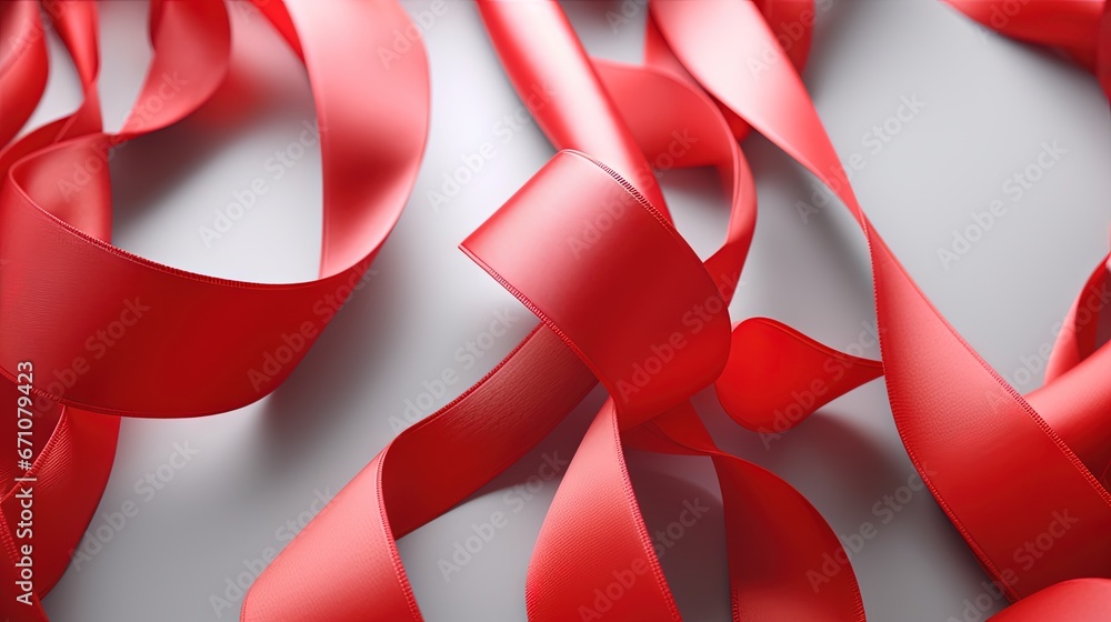 Poster a group of red ribbons on a white surface with one red ribbon in the middle. generative ai