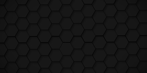 Background of abstract black 3d hexagon background design a dark honeycomb grid pattern. Abstract octagons dark 3d background. Black geometric background for design. - obrazy, fototapety, plakaty