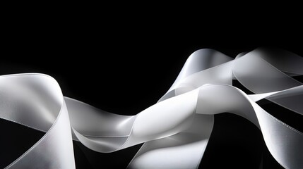  a black and white photo of white ribbons on a black background.  generative ai