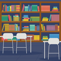 Library reading room with bookcases and shelves with books.