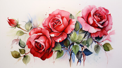Crimson and Ivory Rose Elegance Realistic Watercolor with Ink and Pencil Accents.