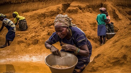 Rural Women in Small Scale Mining (Galamsey) in Ghana - Africa. The quest for the daily meal of these women relies on them finding gold at an already mined land. 