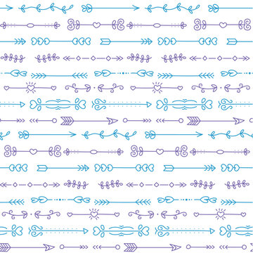 Seamless pattern with decorative arrows, doodle ornaments.
