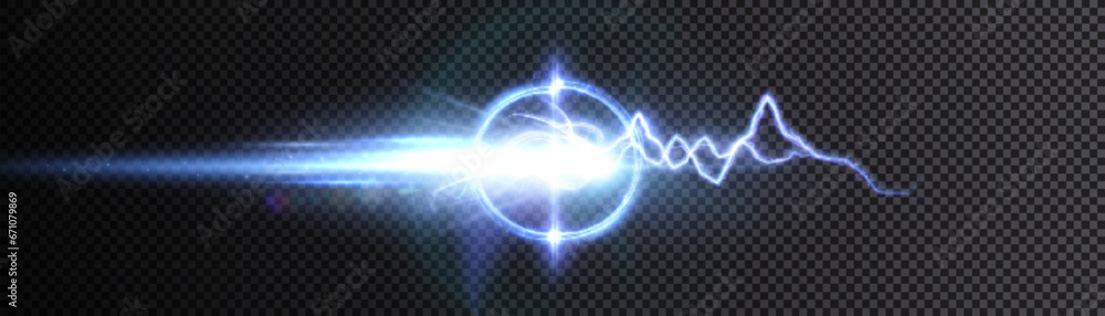 Poster Abstract flash of light with elements of electric discharge, lightning. High current, power. Vector illustration of an overlay on an isolated Background.	
