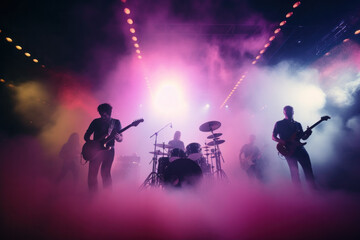 Rock Rhapsody in Hues: Band Rocks Out Amidst Clouds of Colorful Dust at a Vibrant Music Concert.