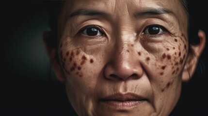 The problem of Asian woman's face, freckles, dark spots and wrinkles on the faces of middle-aged women stressed expression, close eyes frowning, dry, darkened, rough skin and facial healthy concept. 