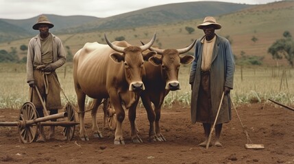 Three Sotho farmers (unidentified) with their two oxen in a field where they plough. November is the plant season for maize.  - obrazy, fototapety, plakaty