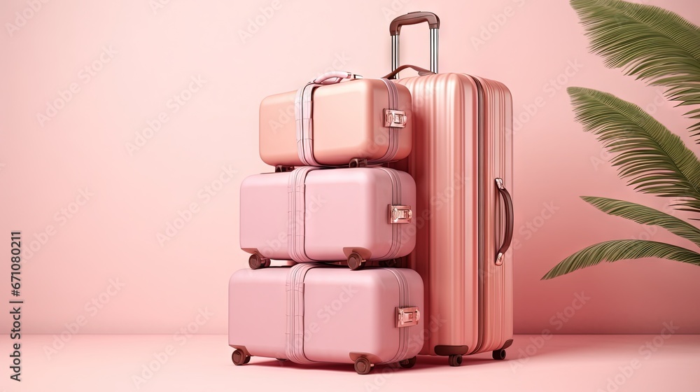 Poster three suitcases stacked on top of each other in front of a plant. generative ai