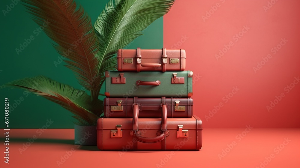 Poster a stack of suitcases sitting next to a palm tree. generative ai