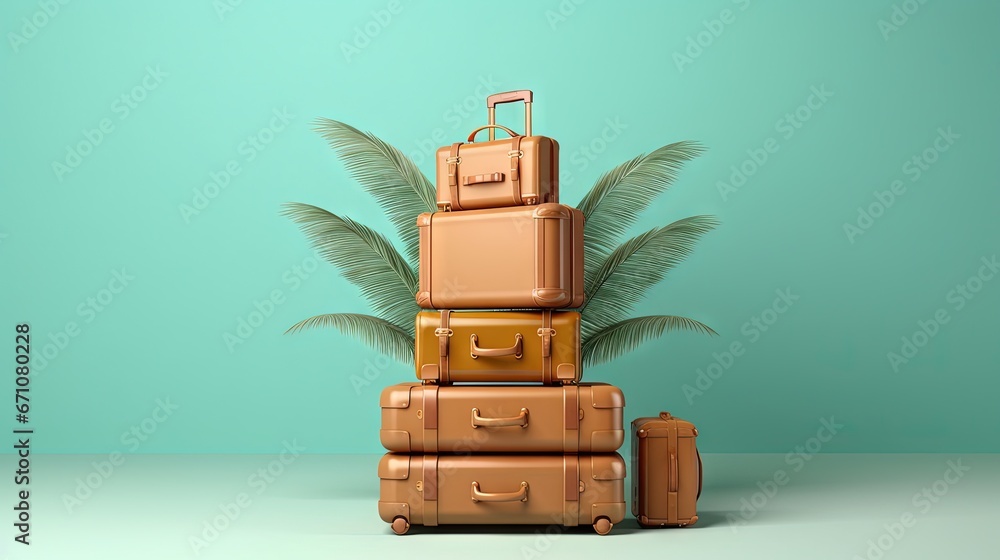 Poster a stack of suitcases sitting next to a palm tree. generative ai