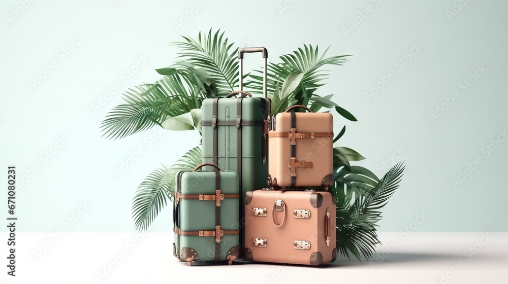 Poster a stack of suitcases sitting next to a palm tree. generative ai