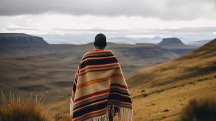 Unidentified backview of a Basotho man wearing traditional blanket in the Mountains of Lesotho 