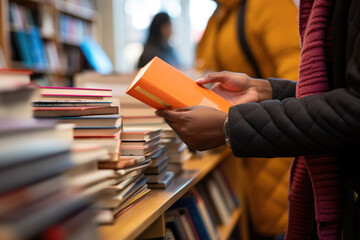 Borrowing books in library. Woman picks books from the shelf to read. Hobby, reading, library,...
