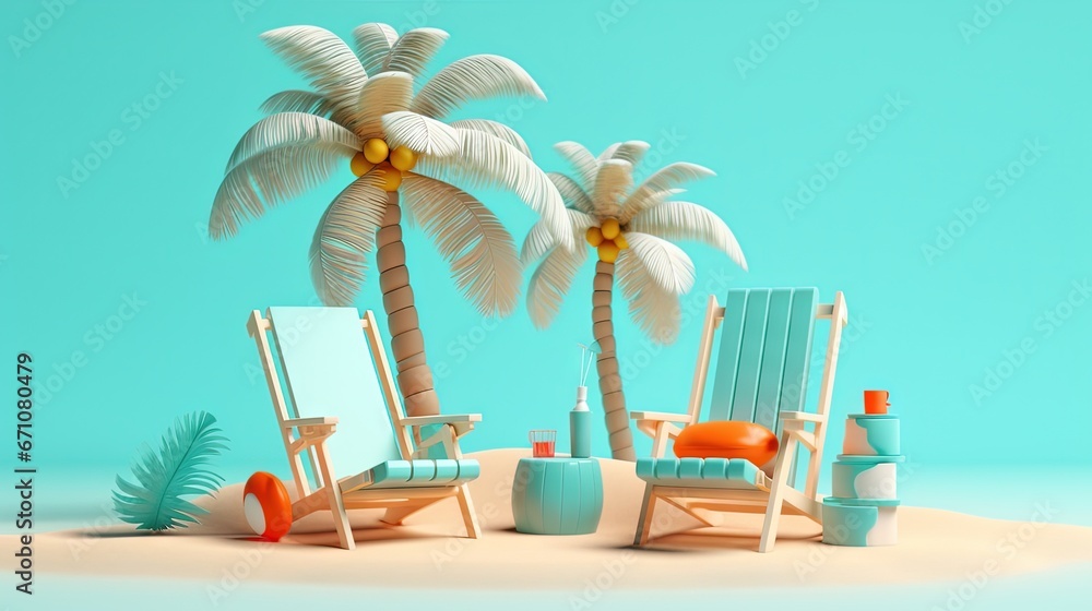 Aufkleber a beach scene with two chairs and a palm tree in the background. generative ai