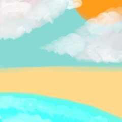 sunset oil painting with the beach