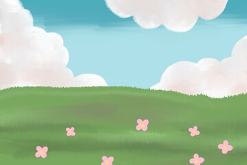 Fototapeta premium cute oil acrylic paint pink flower field with sky, landscape background 
