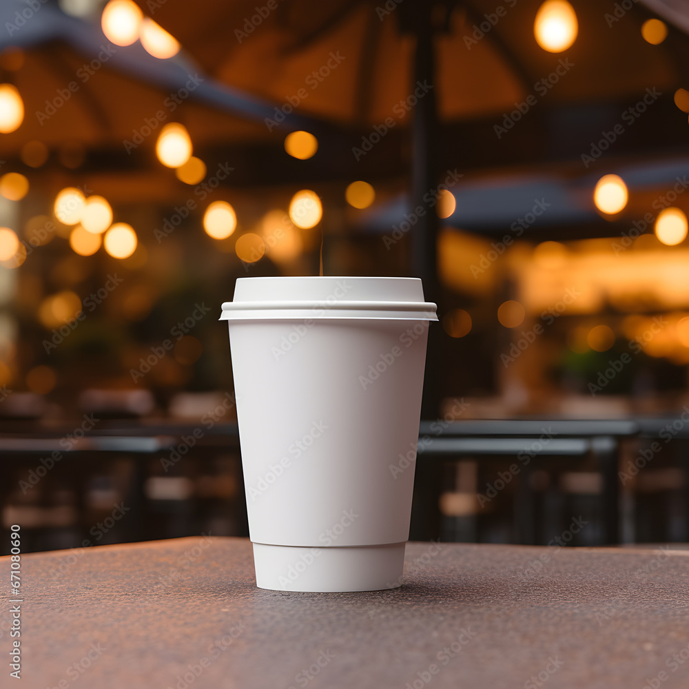 Wall mural Blank white coffee cup mockup on table with cafe background