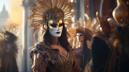 Gordijnen Venetian Elegance: A Captivating Scene from the Masquerade Ball at Venice Carnival, Adorned with Ornate Masks and Costumes. © Ai Studio
