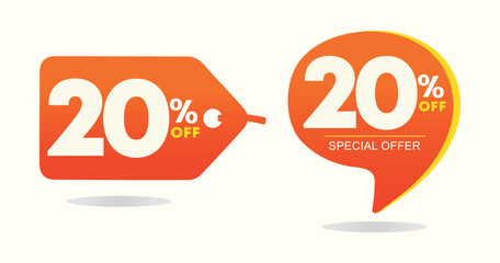 20% off. Tag special offer, sticker. Poster twenty percent off price, value. Advertising for sales, promo, discount, shop. Symbol, icon, vector