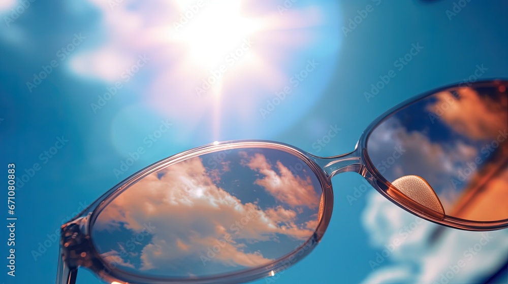 Poster a pair of sunglasses with the reflection of clouds in them. generative ai