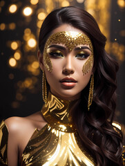 Beautiful sexy brunette with beautiful make-up. New Year. Christmas. Girl with a glass in his hand. An evening look with a luxurious girl. Golden scenery. Model with gold make-up.Sexy look.