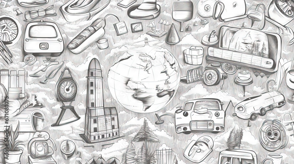 Poster a drawing of a bunch of different things on a wall. generative ai
