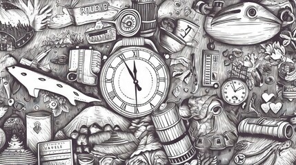 Fototapeta na wymiar a black and white drawing of a clock surrounded by objects. generative ai