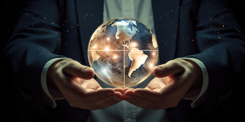 Businessman holding virtual planet Earth in his hands  - obrazy, fototapety, plakaty