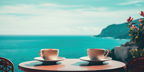 Holiday Scene, two coffee cups on stone table, blue ocean in the background