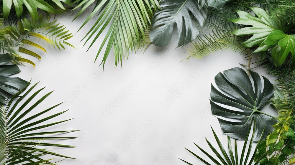 Poster a group of green leaves on a white background with a place for a text. generative ai