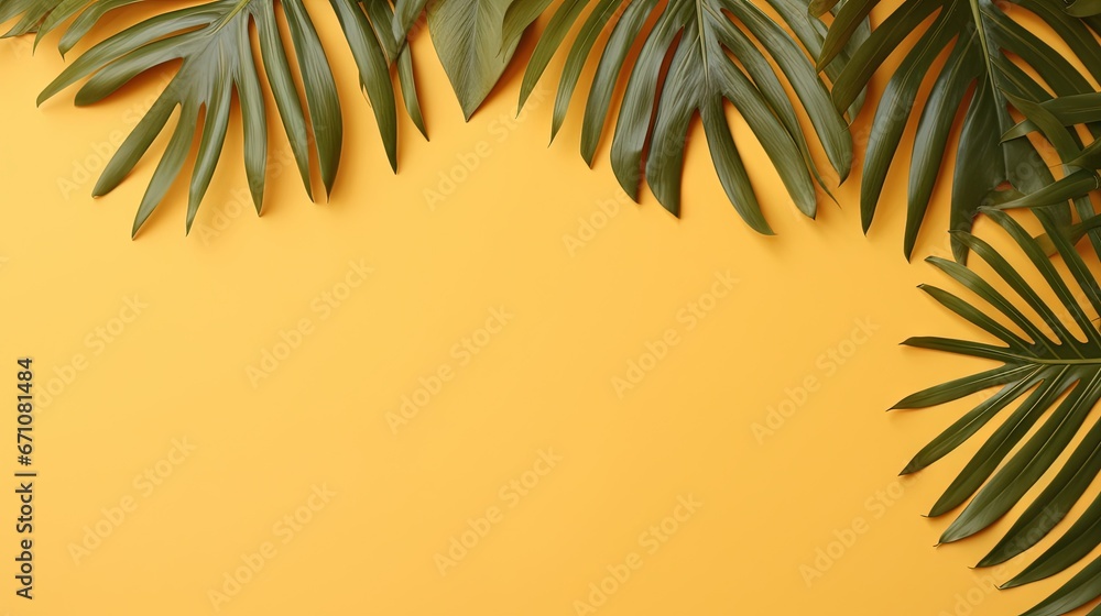 Poster a yellow background with palm leaves and a banana on it. generative ai