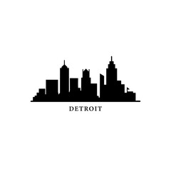 Naklejka premium Detroit US Michigan cityscape skyline city panorama vector flat modern logo icon. USA, state of America emblem idea with landmarks and building silhouettes. Isolated black graphic