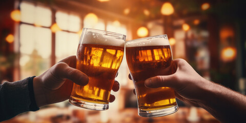 Two beer glasses, clinking together in a celebratory salute